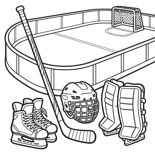 Schwarz-weiße Linienzeichnung einer Eisbahn mit Tor sowie Eishockeyschläger, Schlittschuhen, Helm und Torwartschonern.