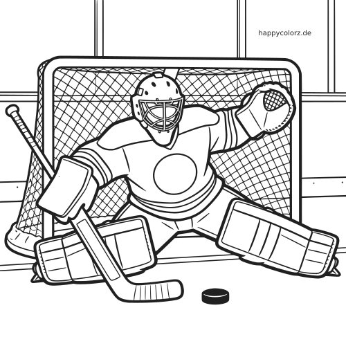 Schwarz-weißes Ausmalbild eines Eishockey-Torwarts vor dem Tor, der sich breit macht, um einen Puck auf dem Eis abzuwehren.