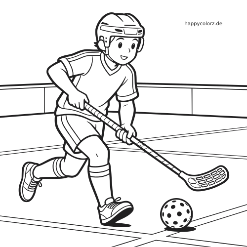 Ein Floorball-Spieler mit Helm läuft mit Schläger auf einem Hallenfeld auf den gelochten Ball zu, als einfache Linienzeichnung.