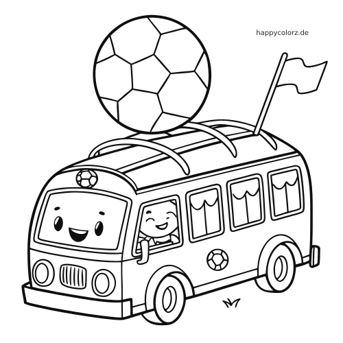 Cartoon-Bus einer Fußballmannschaft mit lächelndem Gesicht, Fahrer, großem Fußball auf dem Dach und wehender Fahne.