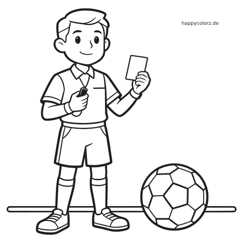 Ein Fußballschiedsrichter steht mit einer Pfeife und einer Karte in der Hand neben einem Fußball als einfache Strichzeichnung.