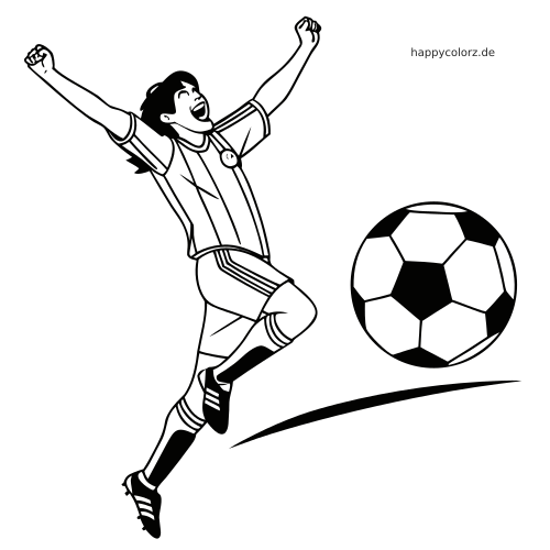 Schwarz-weißes Ausmalbild eines jubelnden Fußballspielers mit erhobenen Armen neben einem großen Fußball.