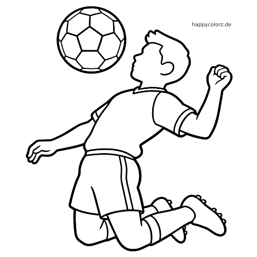 Ein Fußballspieler springt nach oben und köpft den Ball; die Szene ist als klare Cartoon-Linienzeichnung dargestellt.