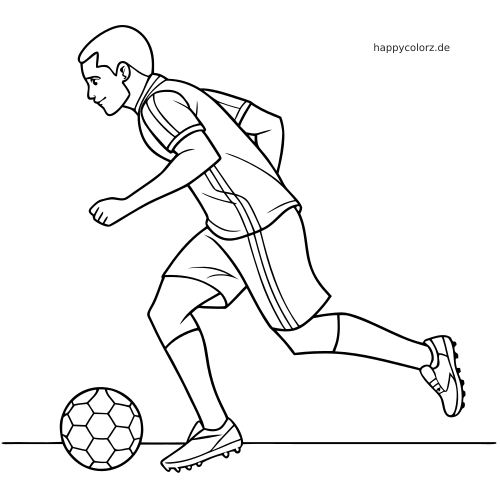 Schwarz-weiße Linienzeichnung eines Fußballspielers in Seitenansicht, der im Trikot und mit Stollenschuhen zu einem Ball sprintet.