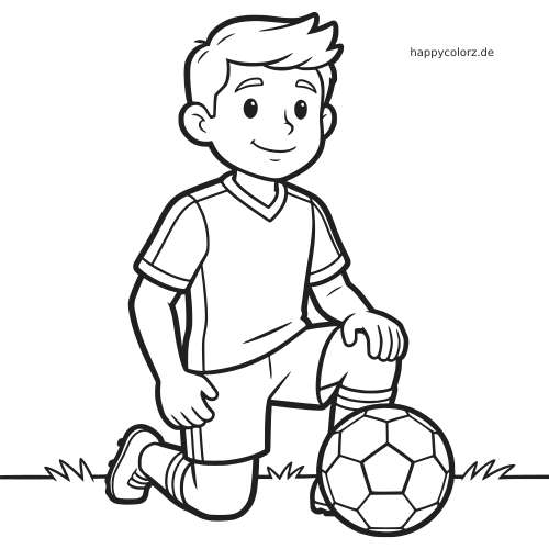 Ein junger Fußballspieler im Comicstil kniet auf dem Rasen mit einem Knie oben, neben ihm liegt ein Fußball.