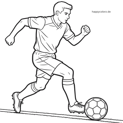 Schwarz-weiße Linienzeichnung eines Fußballspielers, der in einer dynamischen Laufpose mit dem Ball über das Spielfeld läuft.