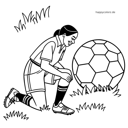 Schwarz-weiße Linienzeichnung einer knienden Fußballspielerin auf dem Rasen neben einem großen Fußball.