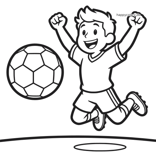 Ein Junge springt mit erhobenen Armen neben einem Fußball und jubelt in einer einfachen schwarz-weißen Umrisszeichnung.