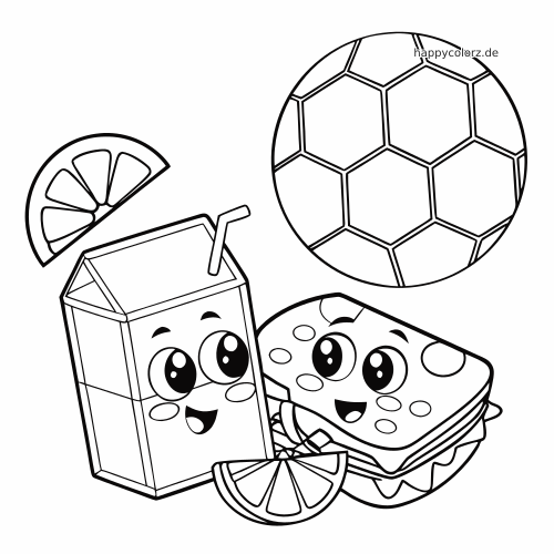 Schwarz-weißes Ausmalbild mit einem lächelnden Saftkarton, einem Sandwich und einem Fußball sowie Orangenscheiben.