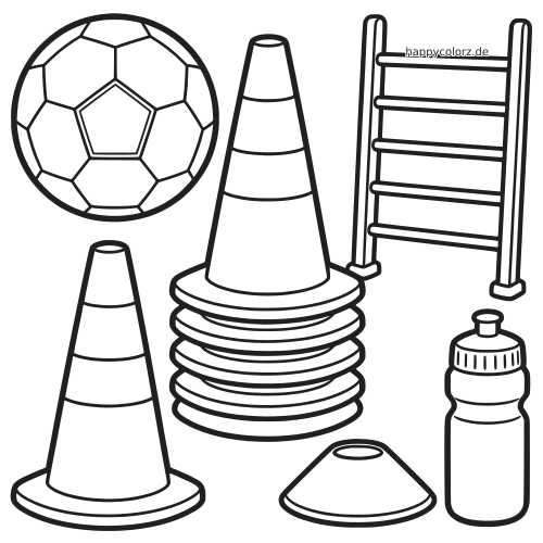 Schwarz-weiße Umrisszeichnung mit Fußball, Trainingshütchen, Koordinationsleiter, Markierungsscheiben und Trinkflasche.