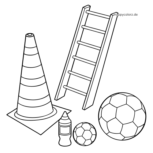Schwarz-weißes Ausmalbild mit Fußball-Trainingsausrüstung: ein Trainingskegel, eine Koordinationsleiter, eine Trinkflasche und zwei Fußbälle.