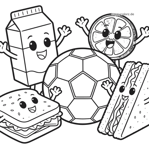 Ein schwarz-weißes Ausmalbild mit einem Fußball, umgeben von lächelnden Snackfiguren wie Milchpackung, Orangenscheibe und Sandwiches.