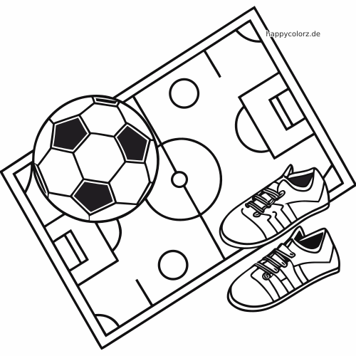 Ein Fußball und ein Paar Fußballschuhe liegen auf einem schräg dargestellten Fußballfeld in einem einfachen Schwarz-Weiß-Design.