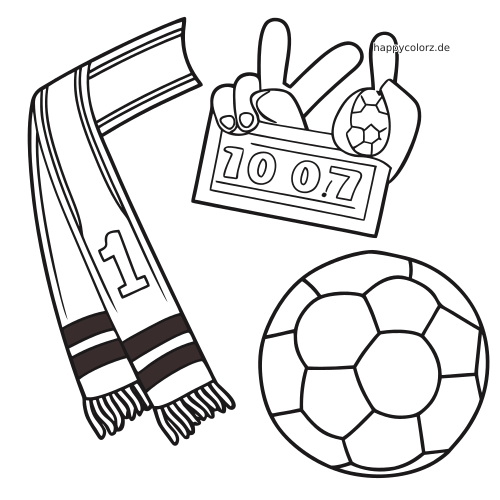 Schwarz-weißes Ausmalbild mit Fußball-Fanartikeln: ein Fanschal, zwei Schaumstoffhände, eine Anzeigetafel und ein Fußball.
