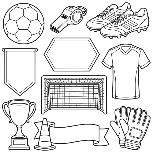 Schwarz-weiße Fußball-Doodle-Collage mit Fußball, Trillerpfeife, Fußballschuhen, Trikot, Tor, Pokal, Handschuhen, Kegel und Bannern.