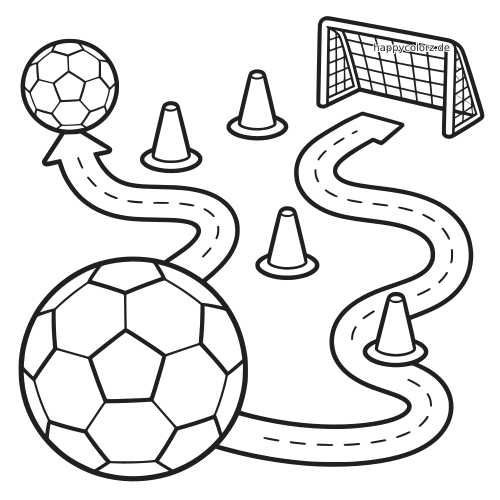 Schwarz-weißes Fußball-Labyrinth mit zwei Fußbällen, einem geschwungenen Weg, mehreren Hütchen und einem Tor oben rechts.