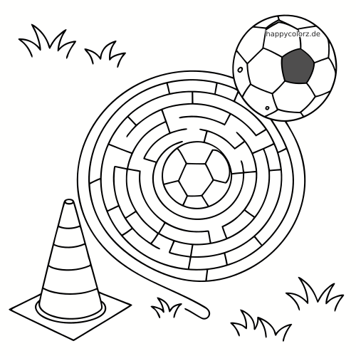 Ein einfaches rundes Fußball-Labyrinth mit einem Fußball in der Mitte, einem weiteren Ball, einem Hütchen und kleinen Grasbüscheln.