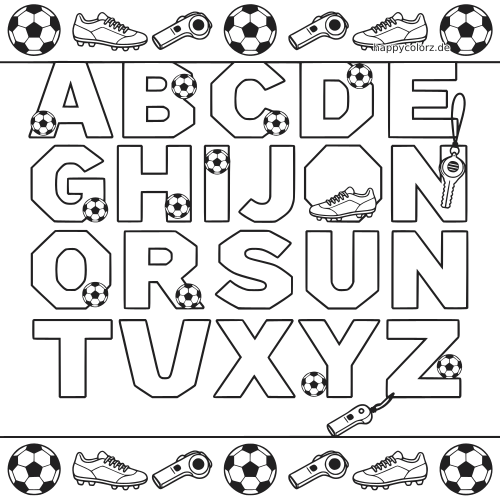 Schwarz-weißes Fußball-Alphabet-Poster mit großen Buchstaben von A bis Z, dazu Fußbälle, Fußballschuhe, Pfeifen und Schlüssel.