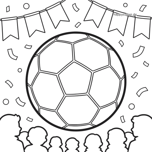 Großer Fußball über einer jubelnden Menschenmenge mit Konfetti und Wimpelketten in einer internationalen Feier-Szene.