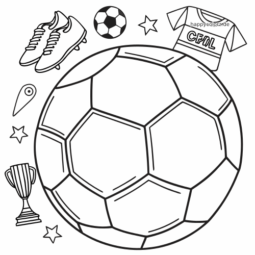 Schwarz-weiße Fußball-Doodle-Collage mit großem Fußball, Fußballschuhen, Trikot, Pokal, Sternen und Standortmarkierung.