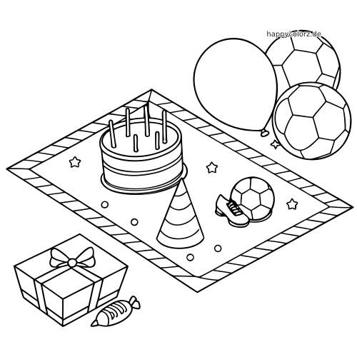 Schwarz-weißes Platzset zum Fußball-Geburtstag mit Torte, Luftballons, Fußbällen, Partyhut, Geschenk, Schuh und Bonbon.