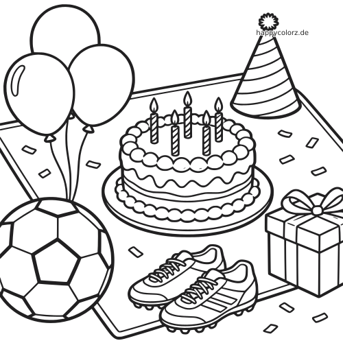 Schwarz-weißes Tischset zum Fußball-Geburtstag mit Torte, Luftballons, Partyhut, Geschenk, Fußball und Fußballschuhen.