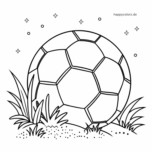 Ein großer Fußball liegt im Gras, umgeben von kleinen Sternen und Punkten, in einer einfachen Punkt-zu-Punkt-Zeichnung.