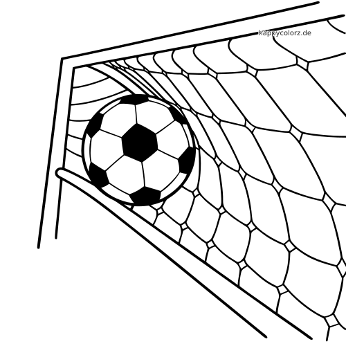 Nahaufnahme eines Fußballs im Tornetz aus schräger Perspektive, als einfache schwarz-weiße Linienzeichnung.