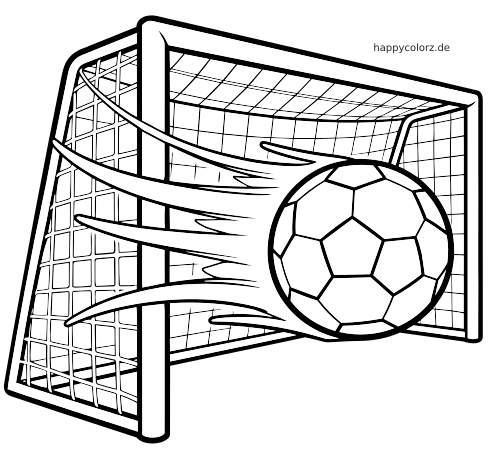 Schwarz-weiße Nahaufnahme eines Fußballs, der mit Bewegungslinien ins Tornetz fliegt, in einem einfachen kräftigen Umrissstil.