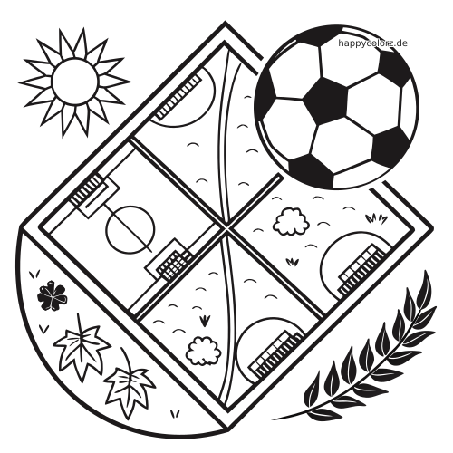 Schwarz-weißes Ausmalbild mit einem Fußballfeld in vier Jahreszeiten, großem Fußball, Sonne, Blättern und Kleeblatt.