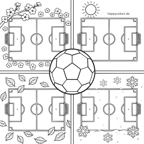 Schwarz-weißes Fußball-Ausmalbild mit vier Spielfeldern für Frühling, Sommer, Herbst und Winter um einen großen Ball in der Mitte.