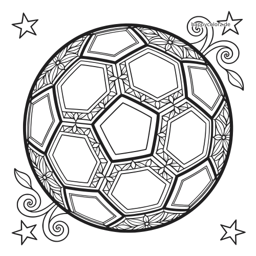 Ein schwarz-weißes Fußball-Mandala mit floralen Mustern in den Feldern sowie Schnörkeln und Sternen rundherum.