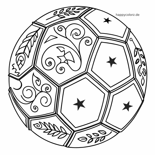 Schwarz-weißes Fußball-Mandala mit floralen Wirbeln, Blättern und Sternen in den Feldern des Balls.