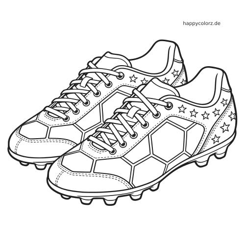 Ein Paar Fußballschuhe mit sechseckigem Muster, Sternen, Schnürsenkeln und Stollen als klare Schwarz-Weiß-Zeichnung.
