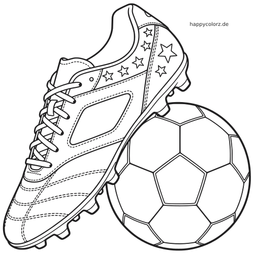 Ein einzelner Fußballschuh in Seitenansicht mit Sternen lehnt an einem klassischen Fußball in klarer schwarzer Umrisszeichnung.