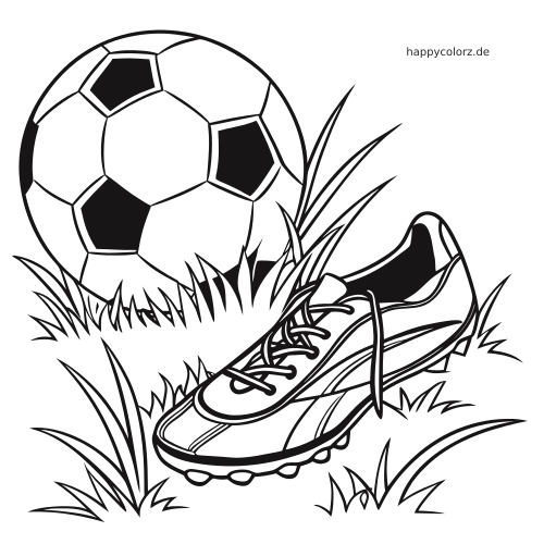 Ein Fußballschuh mit sichtbaren Stollen liegt im hohen Gras neben einem Fußball in einer einfachen schwarz-weißen Umrisszeichnung.