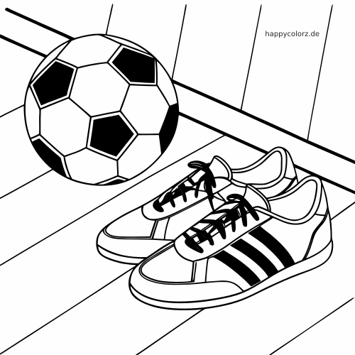 Ein Paar Hallenfußballschuhe mit Streifen steht neben einem klassischen Fußball auf einem einfachen Hallenboden.