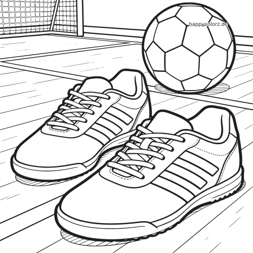 Schwarz-weiße Zeichnung von Hallenfußballschuhen auf einem Spielfeld mit einem Fußball und einem Tor im Hintergrund.