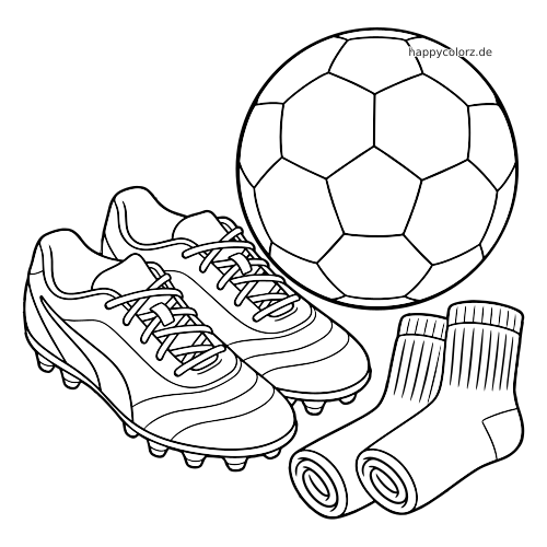 Schwarz-weiße Umrisszeichnung mit Fußballschuhen, einem Fußball und zusammengerollten Stutzen in einer flachen Anordnung.