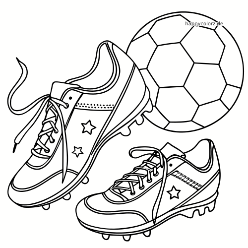 Zwei einfache Fußballschuhe mit Schnürsenkeln und Sternen neben einem Fußball in klaren schwarzen Umrisslinien.