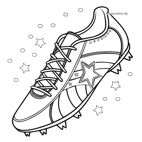Ein Fußballschuh in Seitenansicht mit Schnürsenkeln, Stollen und Sternen als schwarze Umrisszeichnung zum Ausmalen.