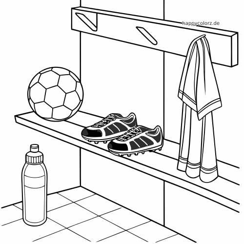 Schwarz-weißes Ausmalbild mit Fußballschuhen auf einer Bank in der Umkleide, daneben ein Ball, ein Handtuch und eine Trinkflasche.