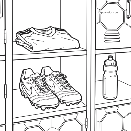 Schwarz-weißes Ausmalbild mit Fußballschuhen auf einem Spindregal, darüber ein gefaltetes Trikot und daneben eine Trinkflasche.