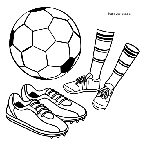 Schwarz-weiße Umrisszeichnung mit Fußball, Fußballschuhen und langen gestreiften Stutzen in einer flachen Anordnung.