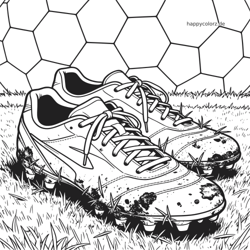 Ein Paar verschlammte Fußballschuhe liegt im Gras; die Stollen sind sichtbar, im Hintergrund ist ein großes Fußballmuster zu sehen.