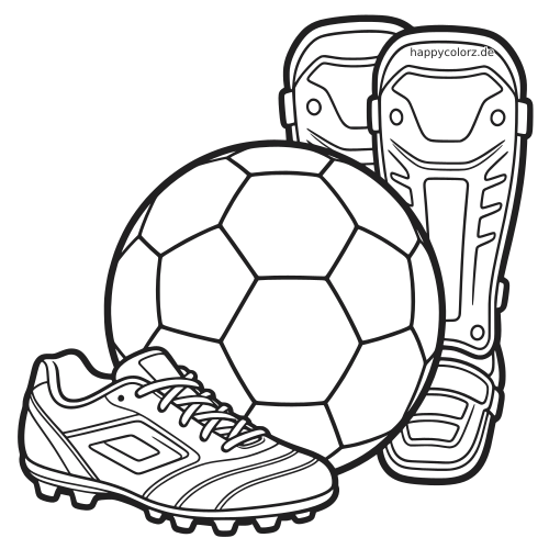 Nahaufnahme eines Fußballs vor mehreren Fußballschuhen mit klaren, einfachen Konturen zum Ausmalen.