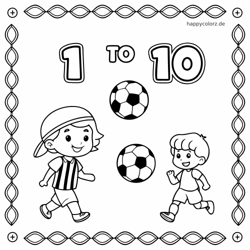 Schwarz-weißes Ausmalbild mit den Zahlen 1 bis 10, zwei Fußbällen und zwei fröhlich laufenden Kindern.