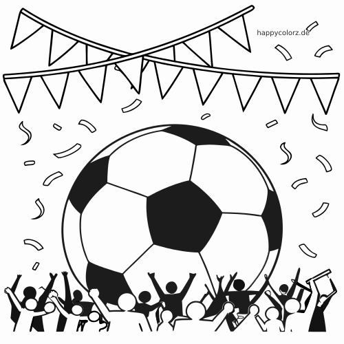 Ein großer Fußball über einer jubelnden Menschenmenge mit Wimpelketten und Konfetti in einer einfachen Schwarz-Weiß-Szene.