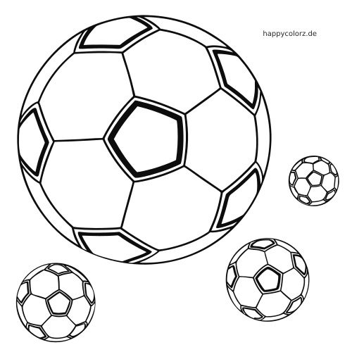 Schwarz-weiße Umrisszeichnung von mehreren Fußbällen mit leeren Feldern, die sich für ein eigenes Fußballmuster ausmalen lassen.
