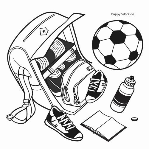 Schwarz-weiße Linienzeichnung eines Fußballrucksacks mit Schienbeinschonern, Schuhen, Fußball, Trinkflasche und offenem Heft.
